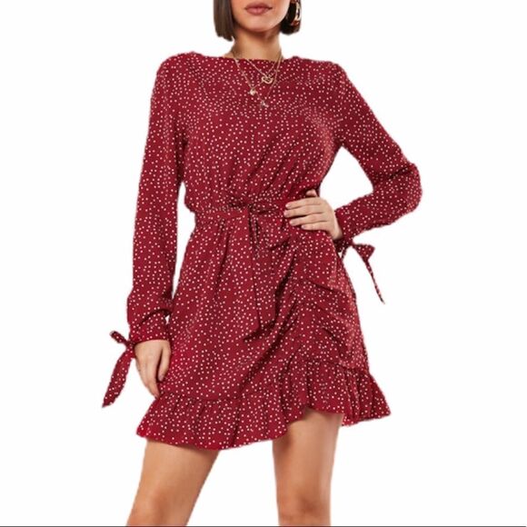 MISSGUIDED Red White Polka Dot Long Sleeve Runched Self Tie Mini Dress NWT Sz 12 - Picture 1 of 9